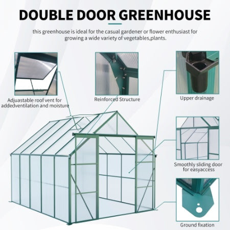 8x10FT Double Door Polycarbonate Greenhouse Raised Base And Anchor Aluminum Heavy Duty Walk-in Greenhouses For Outdoor Backyard In All Season